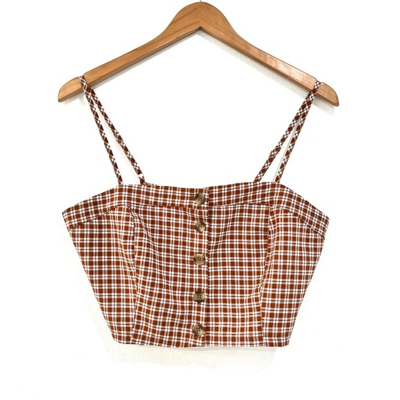 Lottie Moss Tops - LOTTIE MOSS brown plaid button down cropped cami with smocked back size M